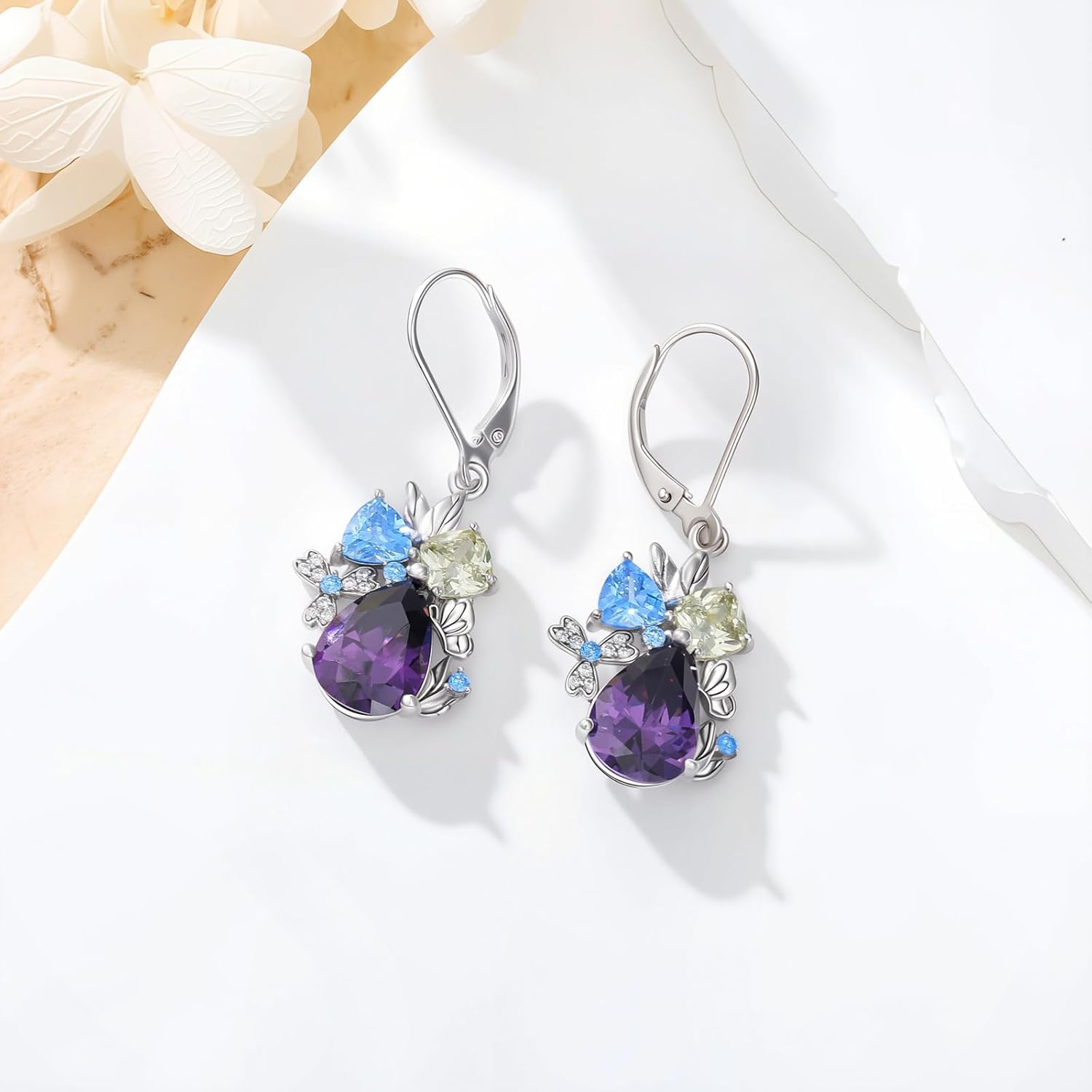 925 Sterling Silver Butterfly 5A Cubic Zirconia Dangling Earrings for Women Flower and Leaves Colorful Temperament Earrings Gifts for Mom/Friends - Image 2