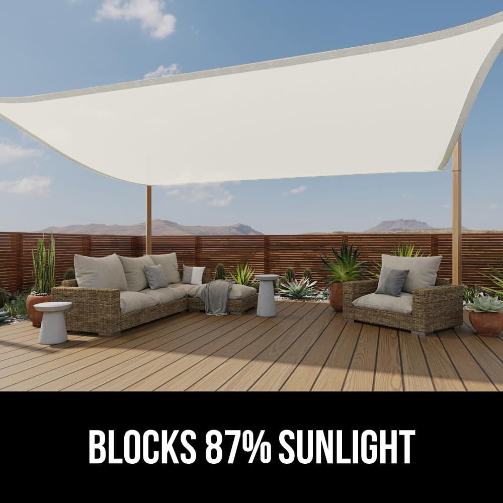 GORILLA GRIP Heavy Duty Sun Shade, UV Protection Fade Tear and Rust Resistant Rectangle Sunshade Canopy, Curved Edges Blocks Sunlight, Breathable Sail, Outdoor Patio, Lawn Garden 12x12 FT Butter Ivory