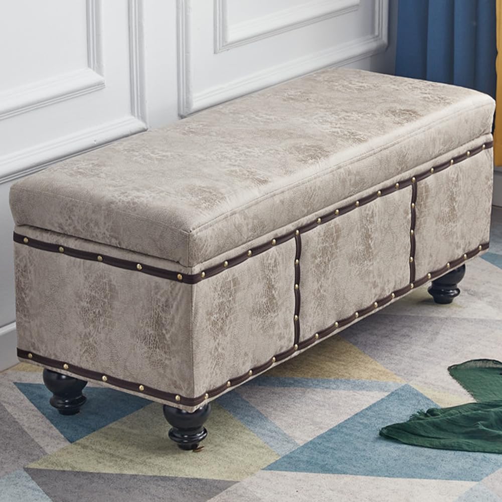 Shally Dogan Sitztruhe für den Innenbereich mit gepolstertem Sitz, Bezug aus Nubukleder, Fußhocker für Schlafzimmer, Wohnzimmer, 80 x 40 x 43 cm (Khaki)