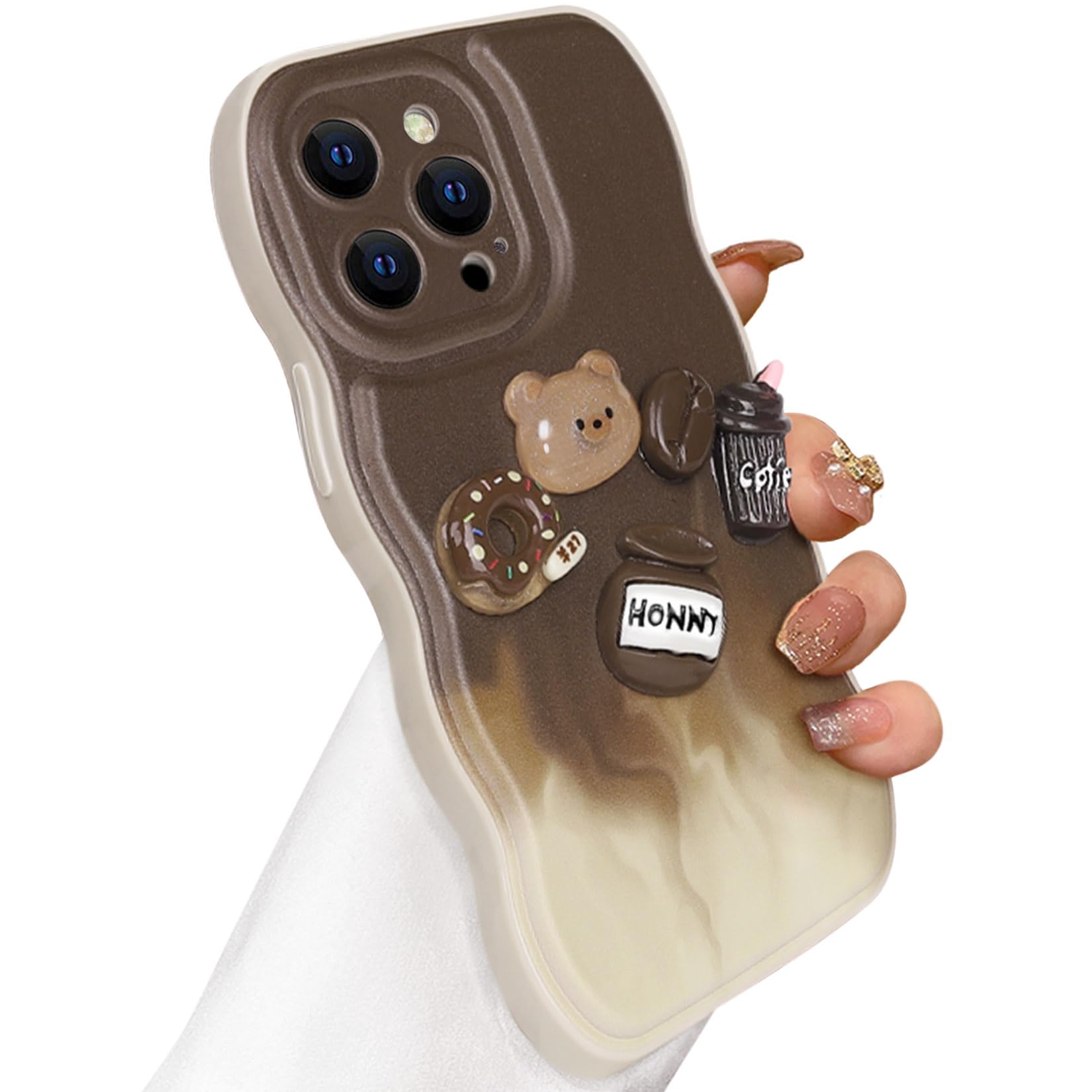 Koonero Compatible with iPhone 13 6.1-Inch Case, 3D Coffee Bear Curly Wave Frame Phone Case for Women Girls Slim Soft TPU Full Camera Lens Protective Cover（ip-13