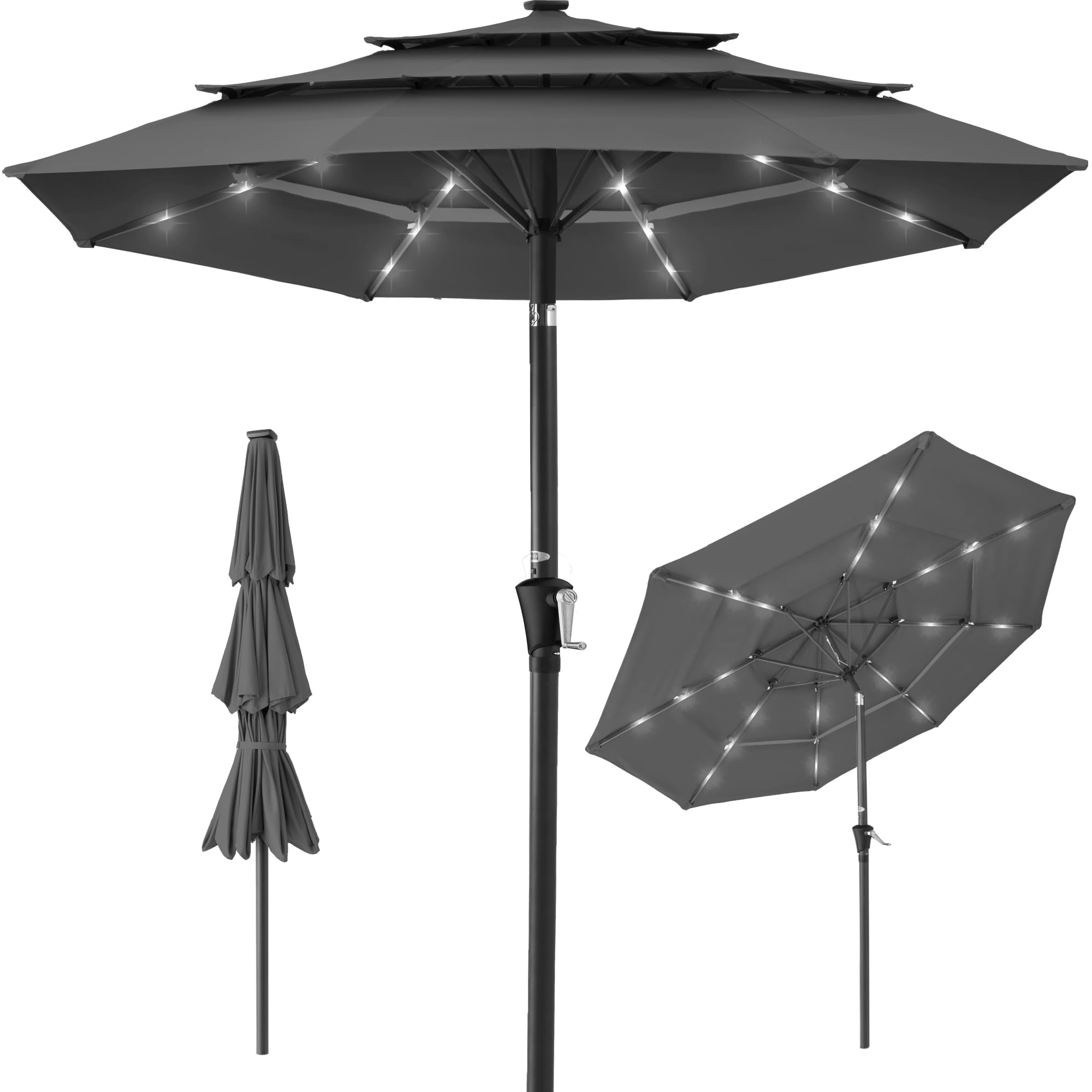 Best Choice ProductsBest Choice Products 10ft 3-Tier Solar Patio Umbrella, Outdoor Market Sun Shade for Backyard, Deck, Poolside w/ 24 LED Lights, Tilt Adjustment, Easy Crank, 8 Ribs - Gray