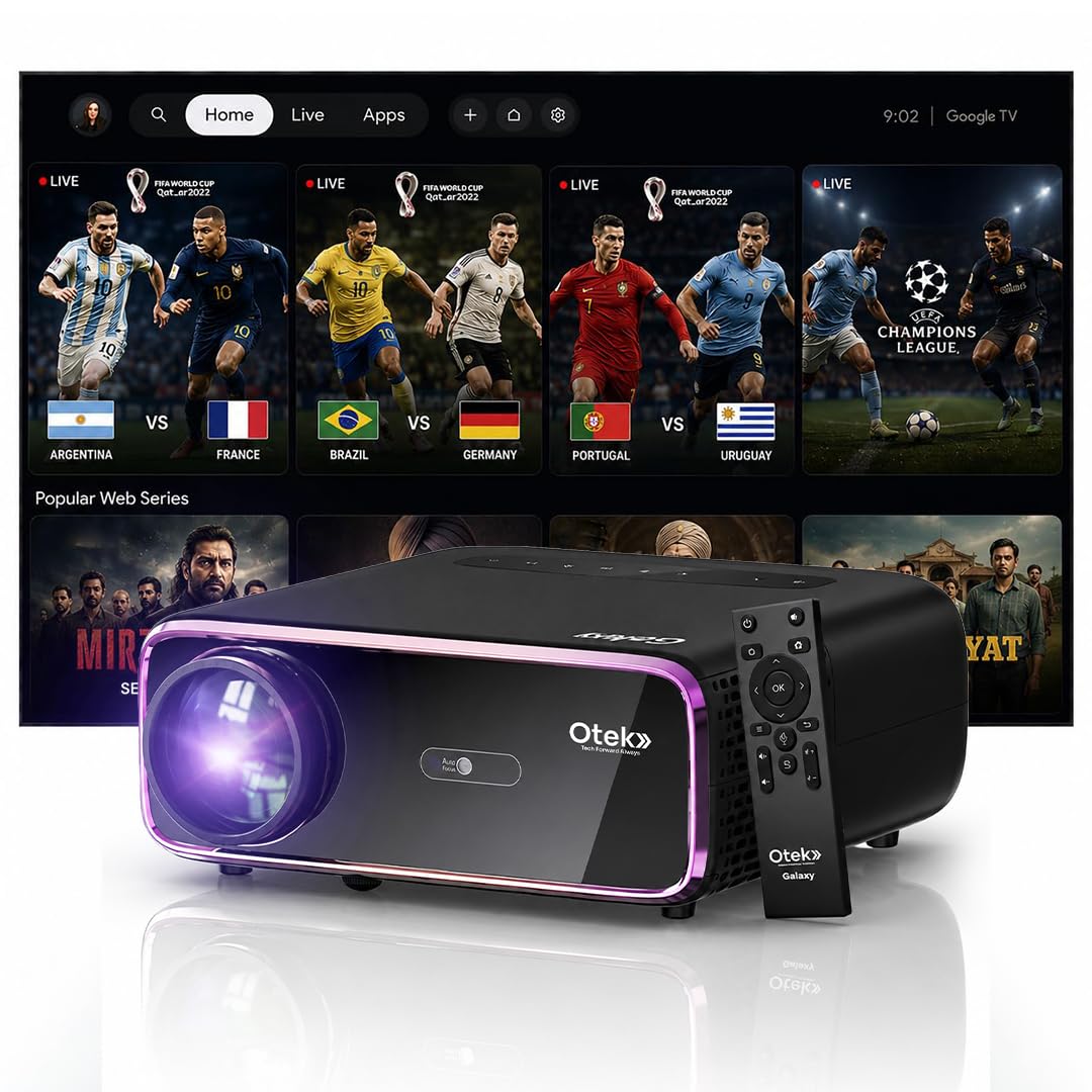 OTEK Galaxy Smart Projector | 4K Support | Android 13 | WiFi 6 & Bluetooth | Auto Focus & Keystone | 10000 Lumens | 1080P FHD | 250” Display | 2GB RAM + 32GB | 5W Speaker | HDMI, USB, AV | Black-image-3