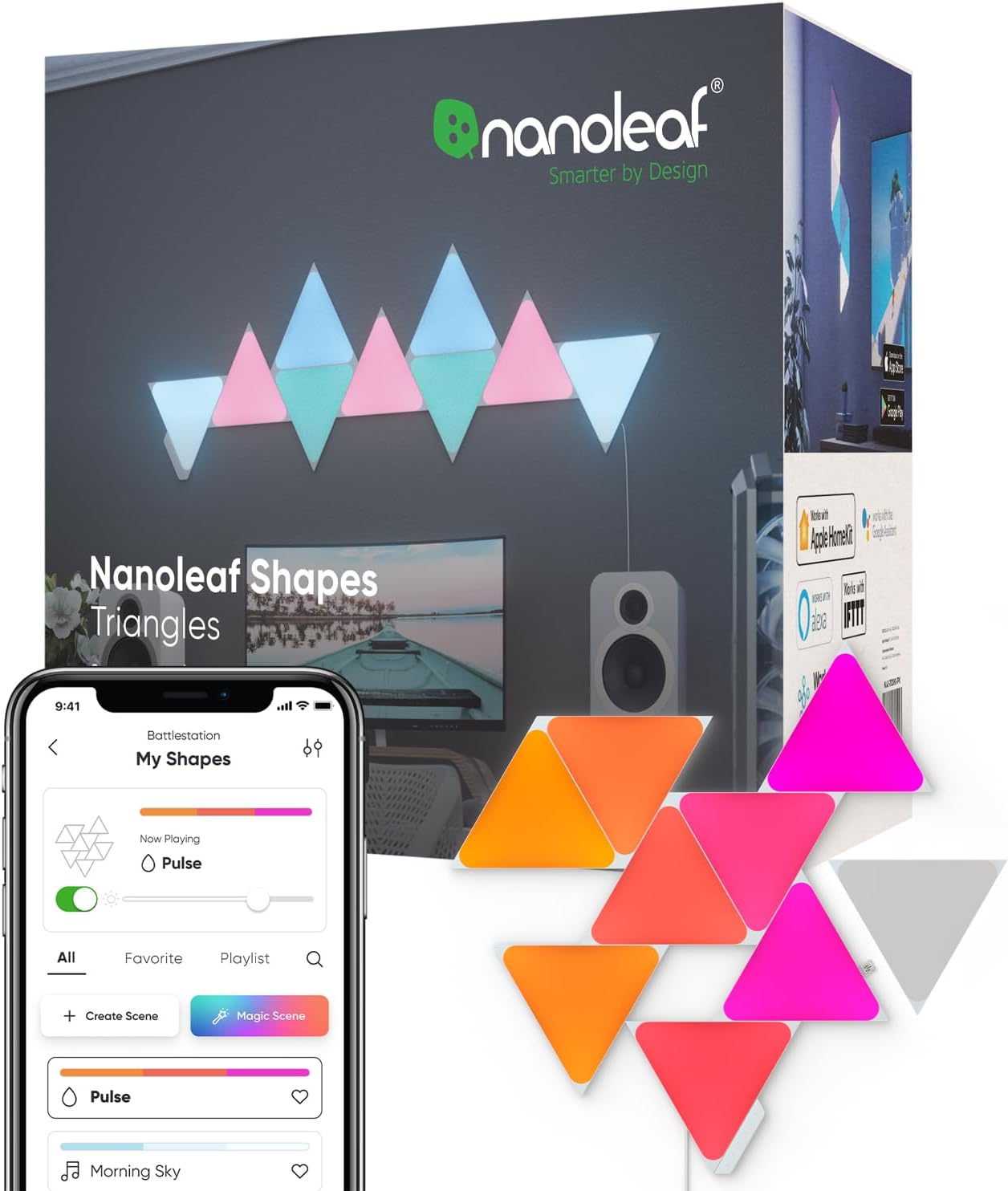 Shapes Triangle Starter Kit, 9 Smart Light Panels LED RGBW - Modular Wi-Fi Colour Changing Wall Lights, Works with Alexa Google Assistant Apple Homekit, for Room Decor & Gaming