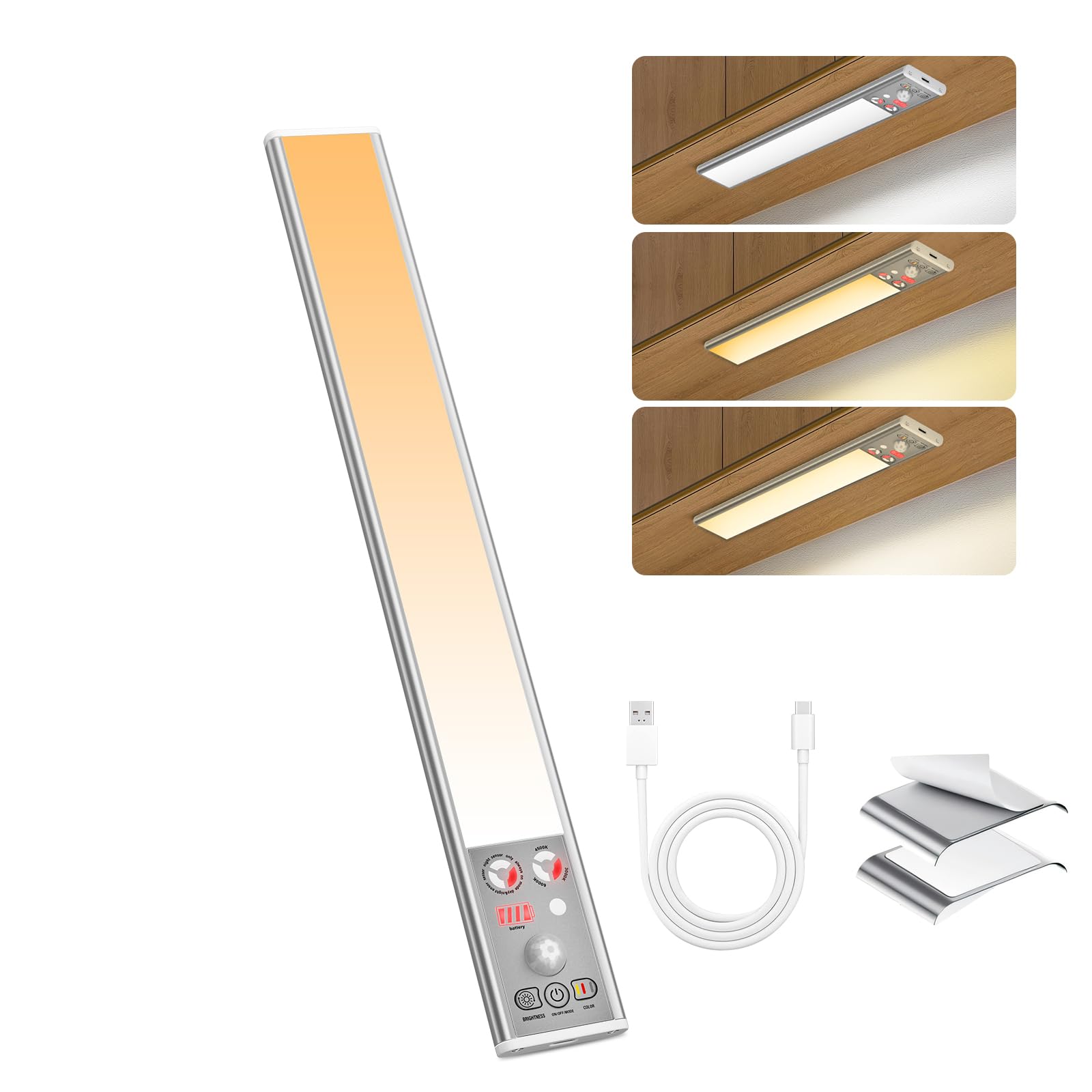 【連続点灯60時間可】人感センサーライト 充電式 室内 超薄 キャビネットライト クローゼット キッチン フットライト 足元灯 玄関灯 室内照明 電球色 昼白色 30cm 1個入