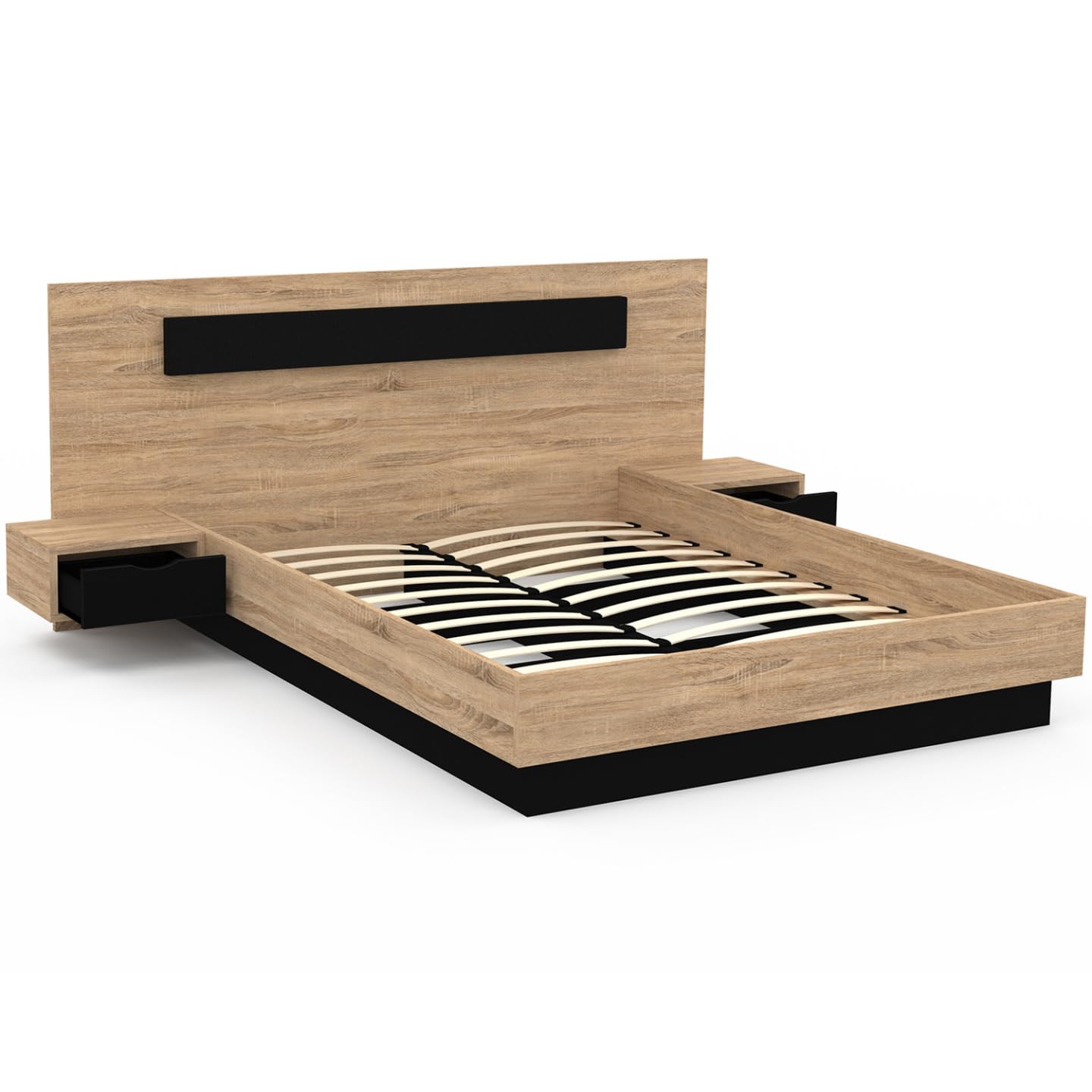 IDMarket - Cama doble Santa con cabecera + mesitas de noche integradas y somier de 140 x 190 cm, madera y negro