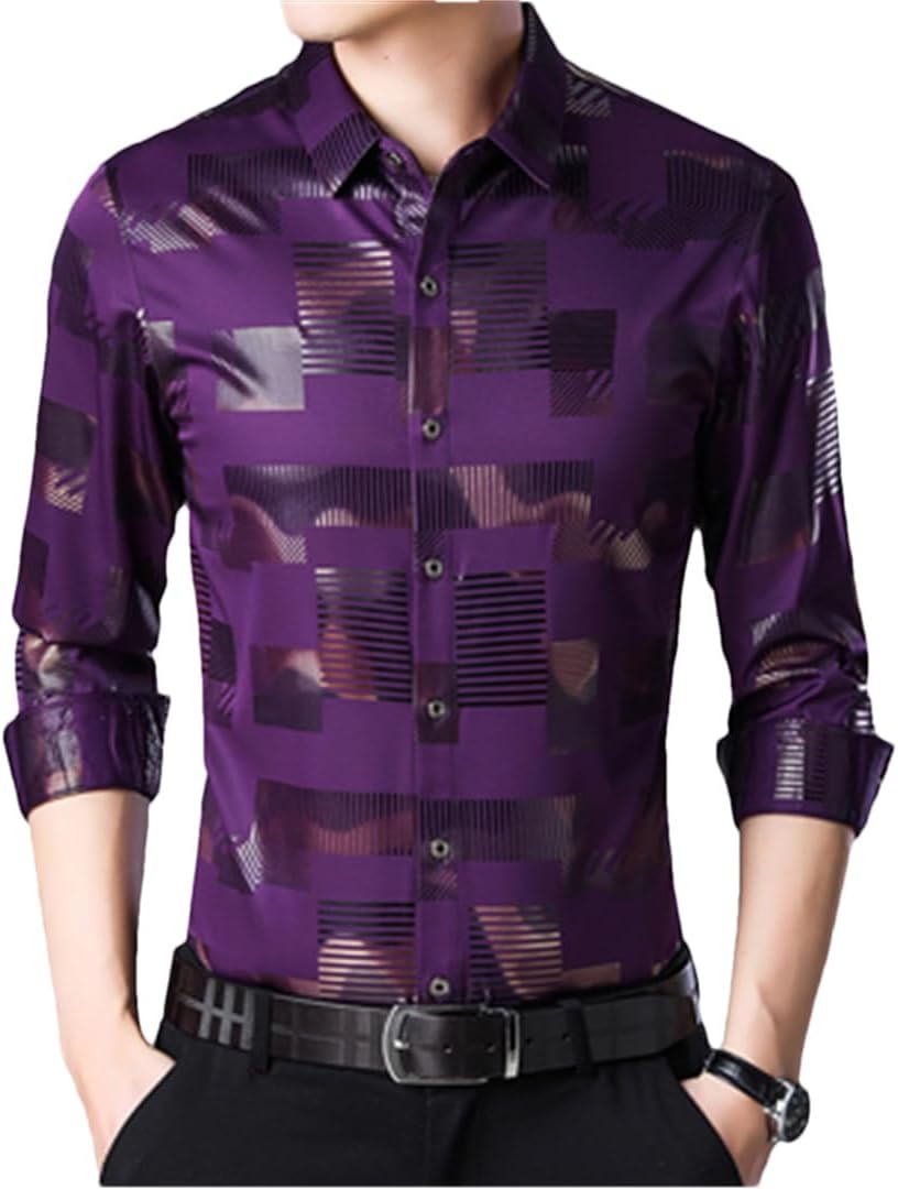 Alloaone Business Casual Shirts Men Fashion Print Slim Fit Dress Shirt Long Sleeve Plus Size Clothes
