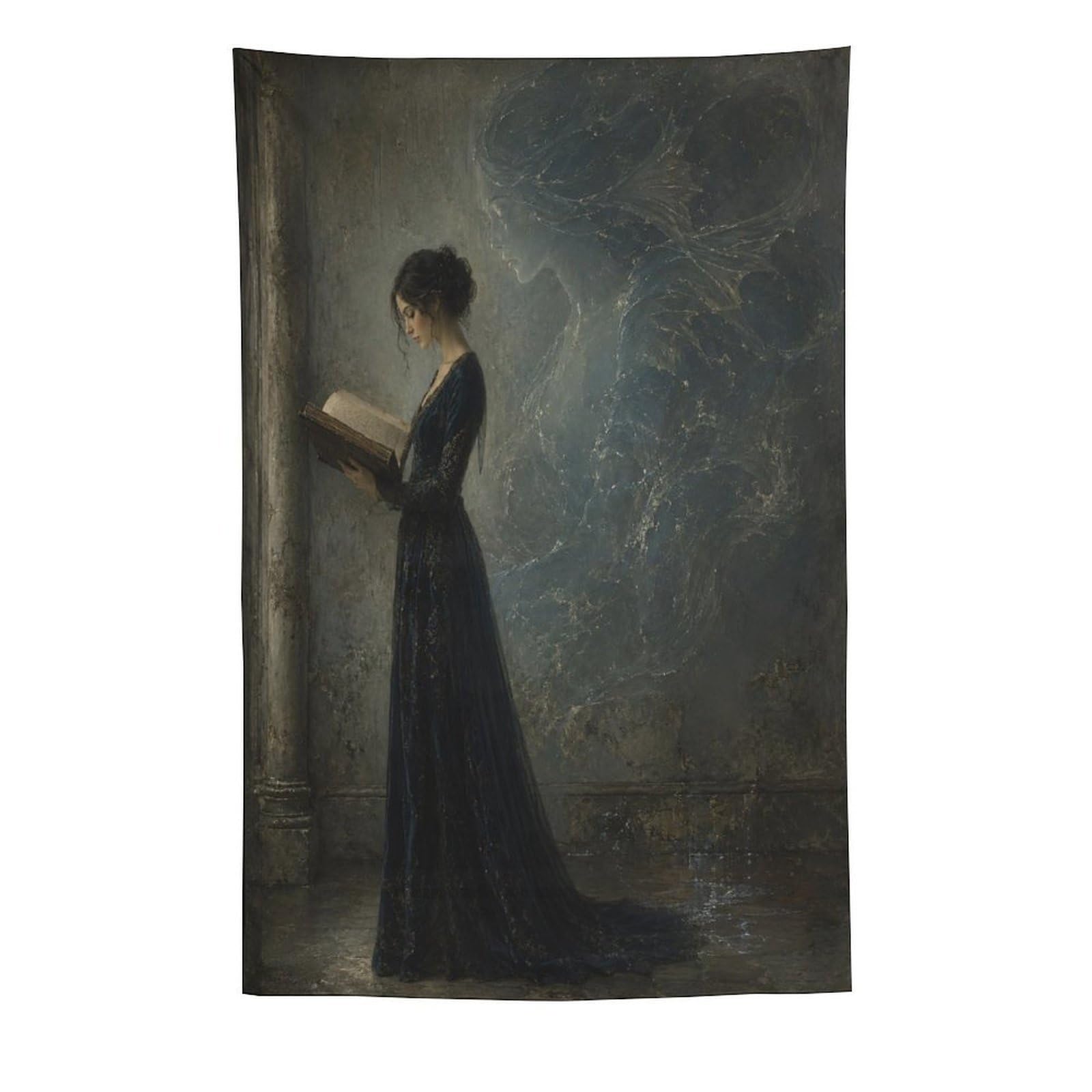 H3B8U2Y5 Woman Reading Monster Shadow Wall Tapestry, Dark Literary Mood