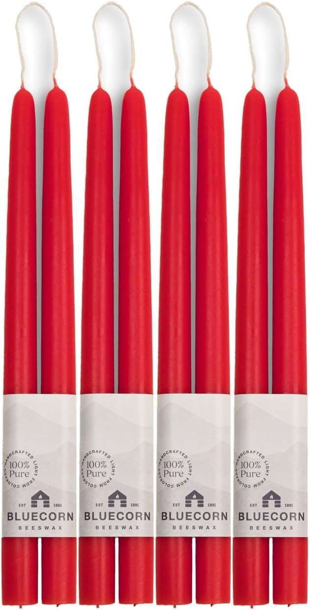Bluecorn Beeswax 100% Pure Taper Candles | Natural, Red Unscented 12 Inch Tapers | Soy, Paraffin & Fragrance Free | 8-Pack Bulk | Handmade in Colorado