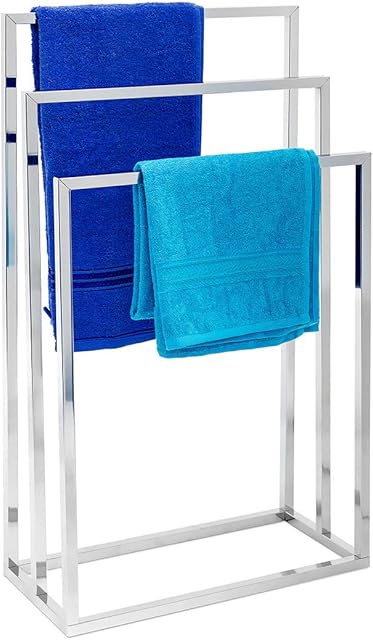 Relaxdays 10019256, 82.5 x 46 x 21 cm Metal 3 Arm Towel Stand Chrome-Plated Stainless Steel Towel Holder with 3 Rails Large Bath Towel, Modern Style, Metallic Silver