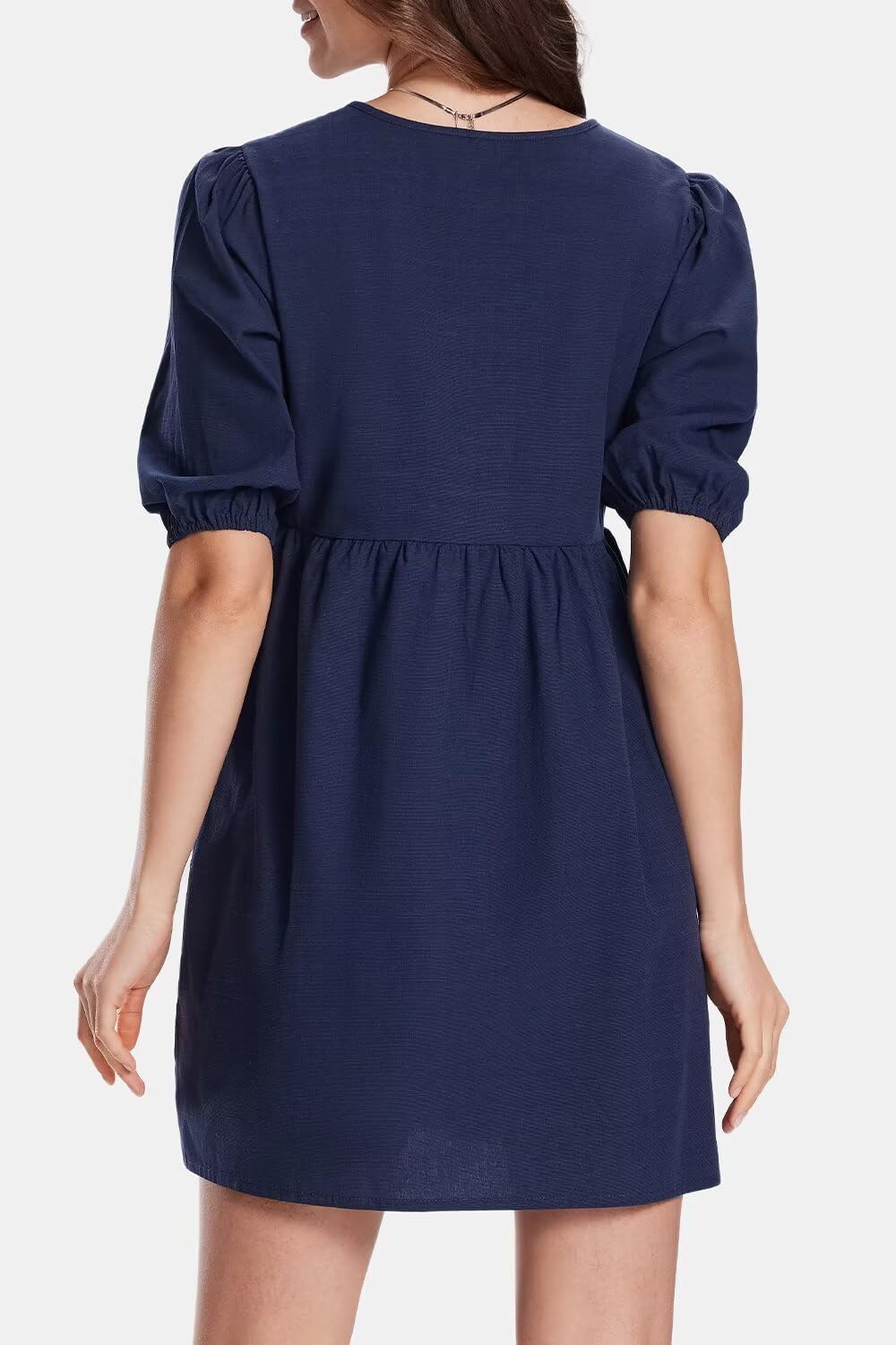 Womens Casual Dresses Short Puff Sleeve A-Line Mini Dress with Hidden Buttons for Summer - Image 2