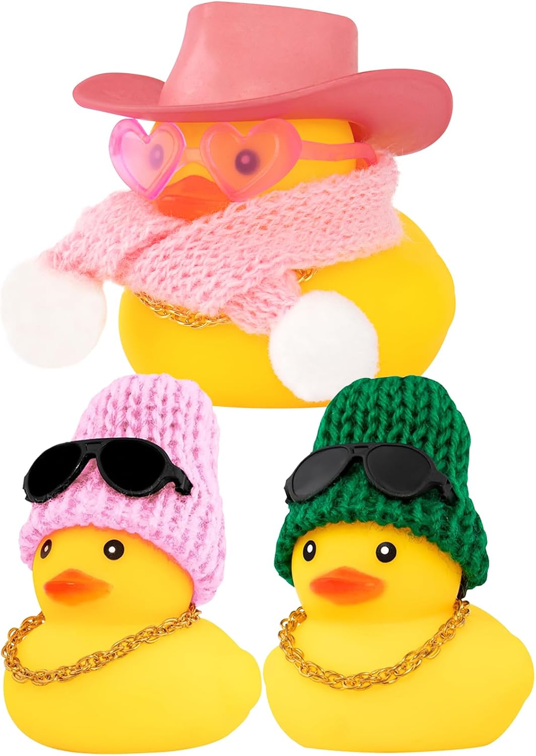 wonuu Cute Winter Rubber Duck with Pink Heart-Shaped Sunglasses Knit Scarf Cowboy Hat Gold Chain Necklace, Assemble Needed, Glitter Pink and Pink and Green Knit Hat