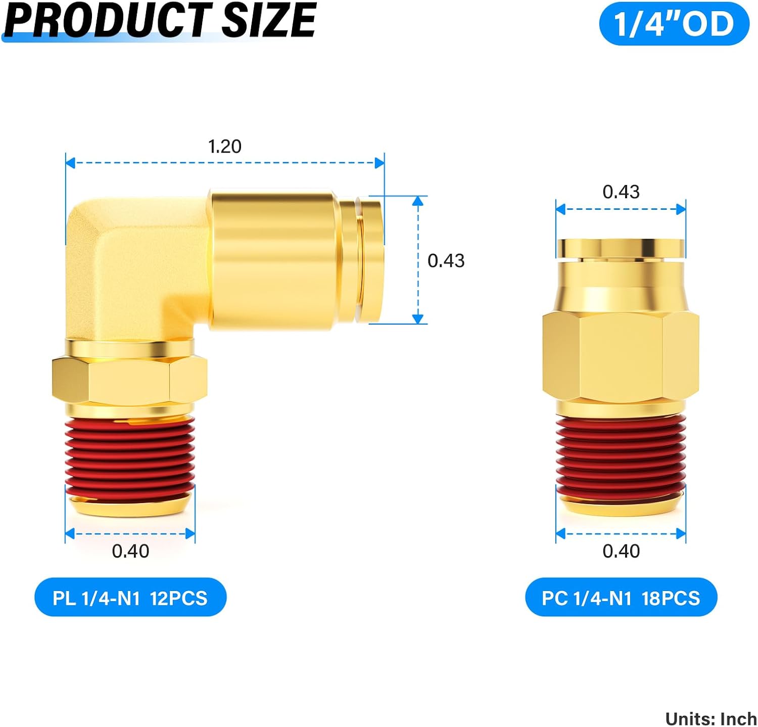 TAILONZ PNEUMATIC DOT Brass Elbow 12PCS and Straight 18PCS Combination 1/4"OD x 1/8"NPT Thread Push to Connect Fittings Air Brake Pipe Fittings for Cars, Trucks, Air Brake Systems, Etc. (Pack of 30)