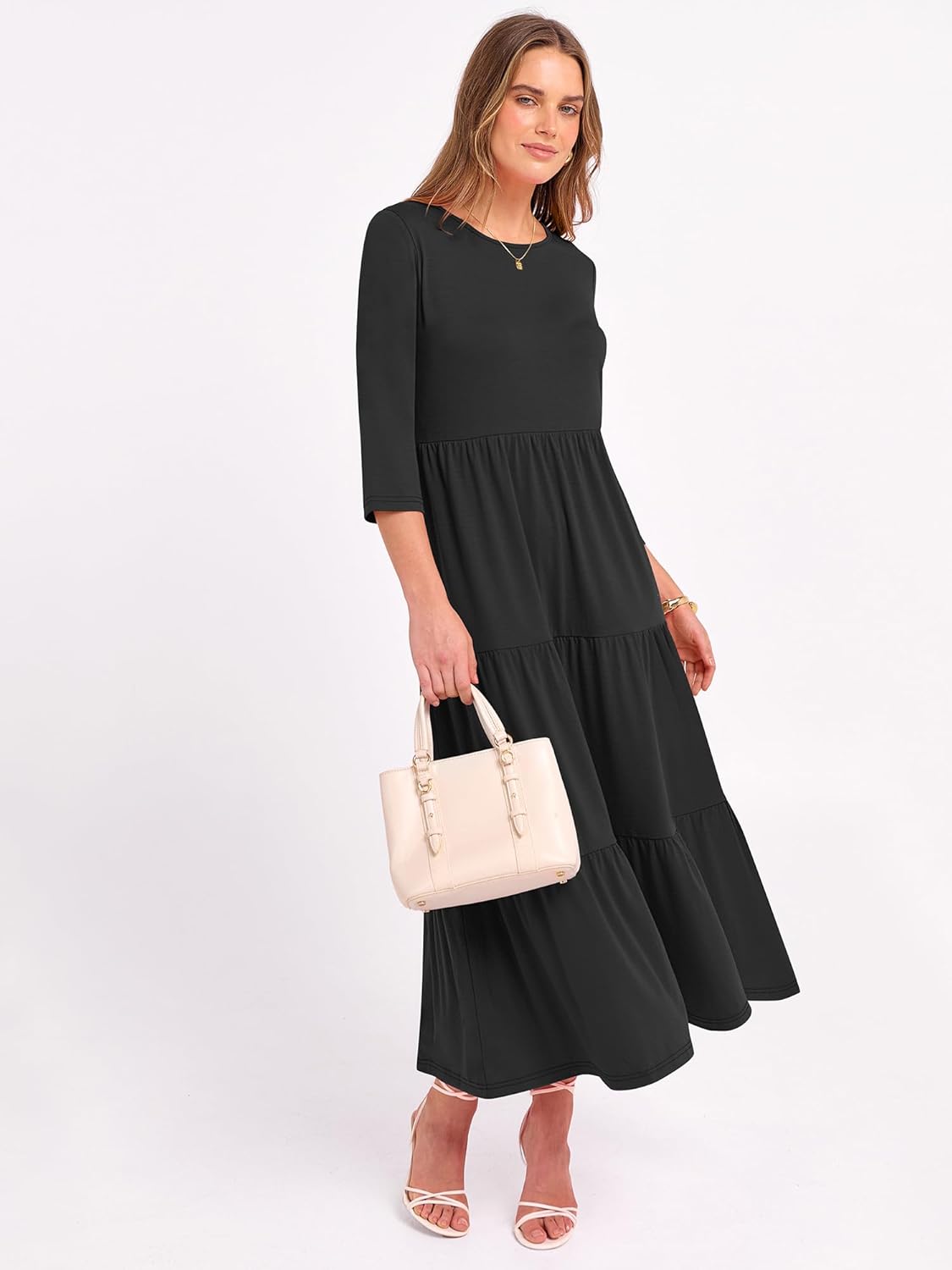 Prinbara Womens 3/4 Sleeve Casual Maxi Floral Dresses 2026 Spring Crewneck A-line Tiered Flowy Summer Boho T Shirt Long Dress - Image 4