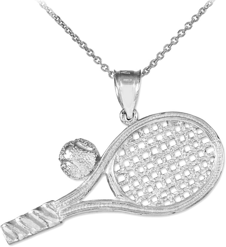 10k White Gold Smashing Racquet and Ball Charm Tennis Pendant Necklace