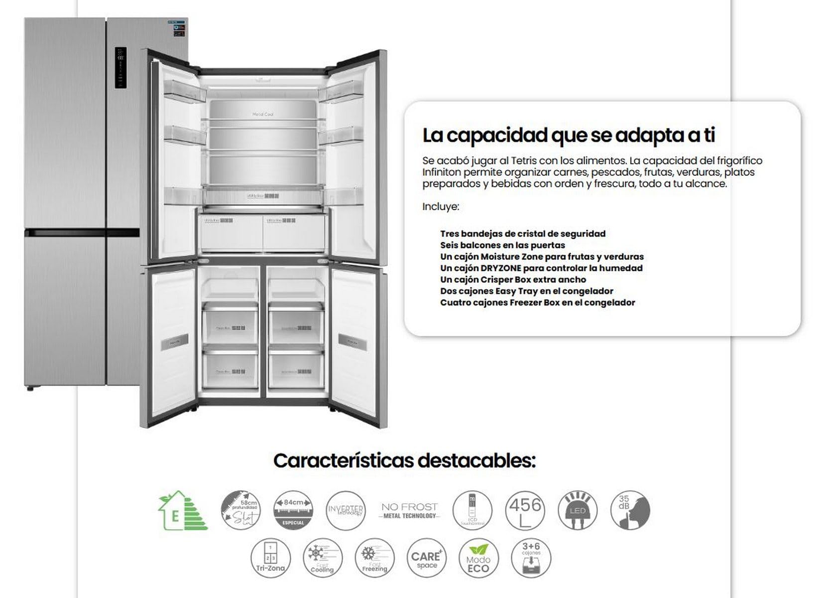 Frigorifico Americano INFINITON AMCB-580CD90XEH, 190 cm de Altura, Total No Frost, 4 Puertas, Inverter, Ancho 83 cm, E, Inox