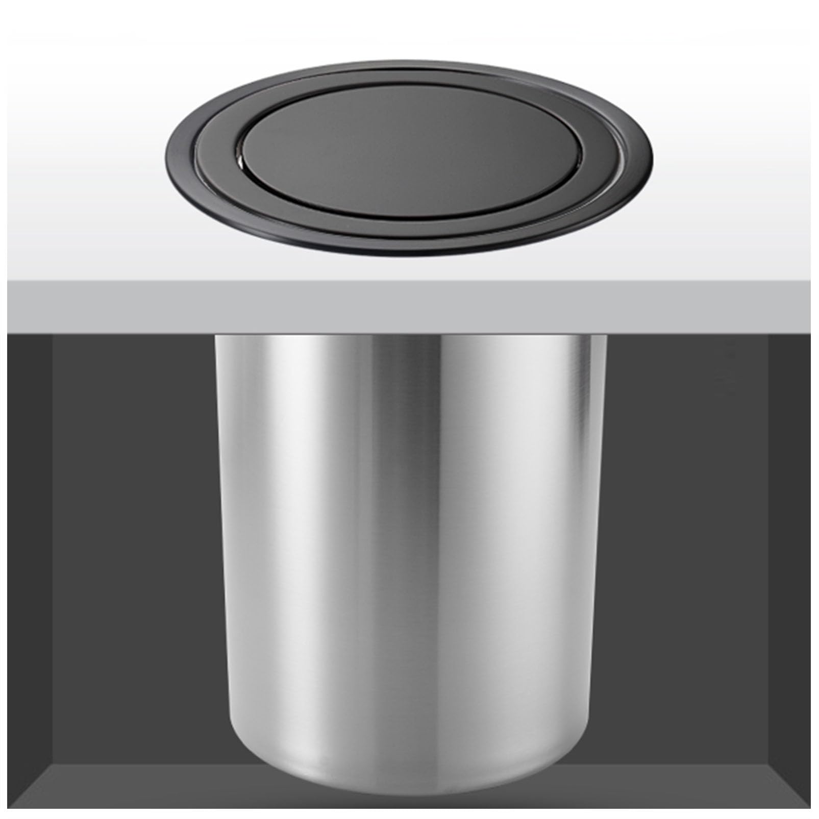 TIANQIHAO Trash Can Cover - Built-In 304 Stainless Steel Flap Lid For Kitchen Cabinet - Recessed Round Trash Chute Grommet,Black-Lid + bucket