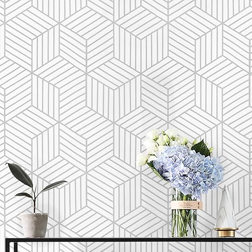 CiCiwind 17.7"x197" Peel and Stick Wallpaper White Silver Wallpaper Geometric Striped Hexagon Contact Paper Removable Self-Adhesive Wallpaper Textured Contact Paper for Bedroom Study Room Walls