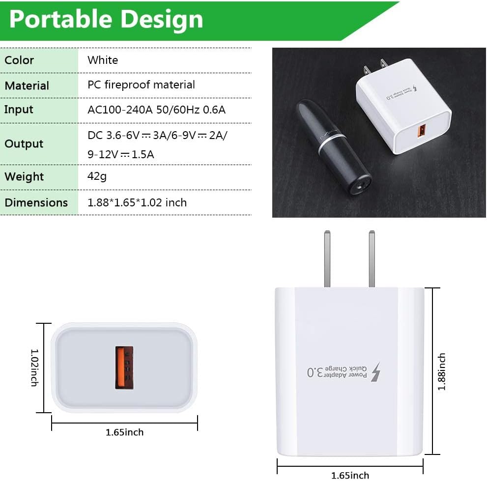 18W Quick Charge 3.0 Fast Charger for LG Stylo 6 5 4,LG V60 V50 V40 V35 V30S ThinQ V30 V20 Q7+,LG G8 G8X G7 ThinQ G6 G5,LG K51 K52 K61 K62 K92,LG Velvet,3A Rapid Wall Charger Plug+2PC 6FT USB C Cable