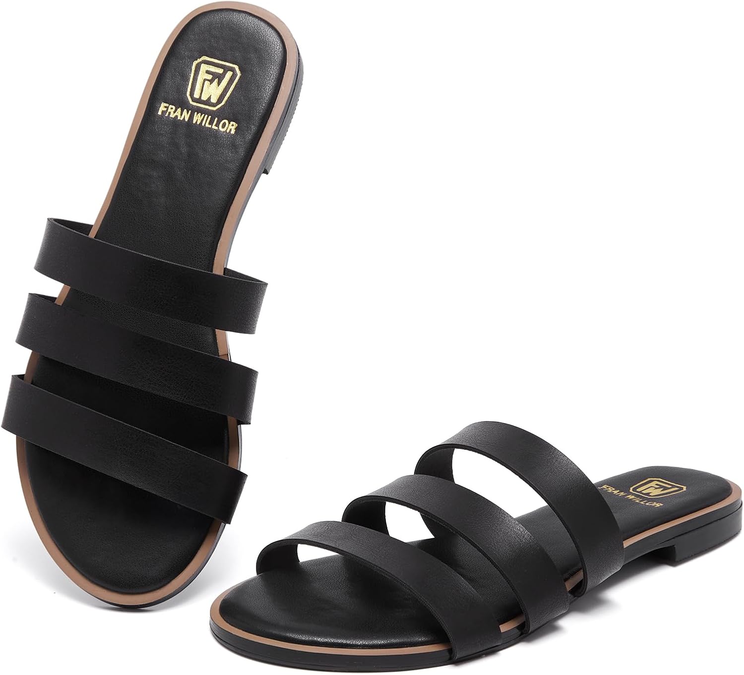 FW FRAN WILLOR Women's Flat Sandals Dressy Open Toe Round Toe Slide Sandals Comfortable Casual Beach Slip on Slippers for Summer