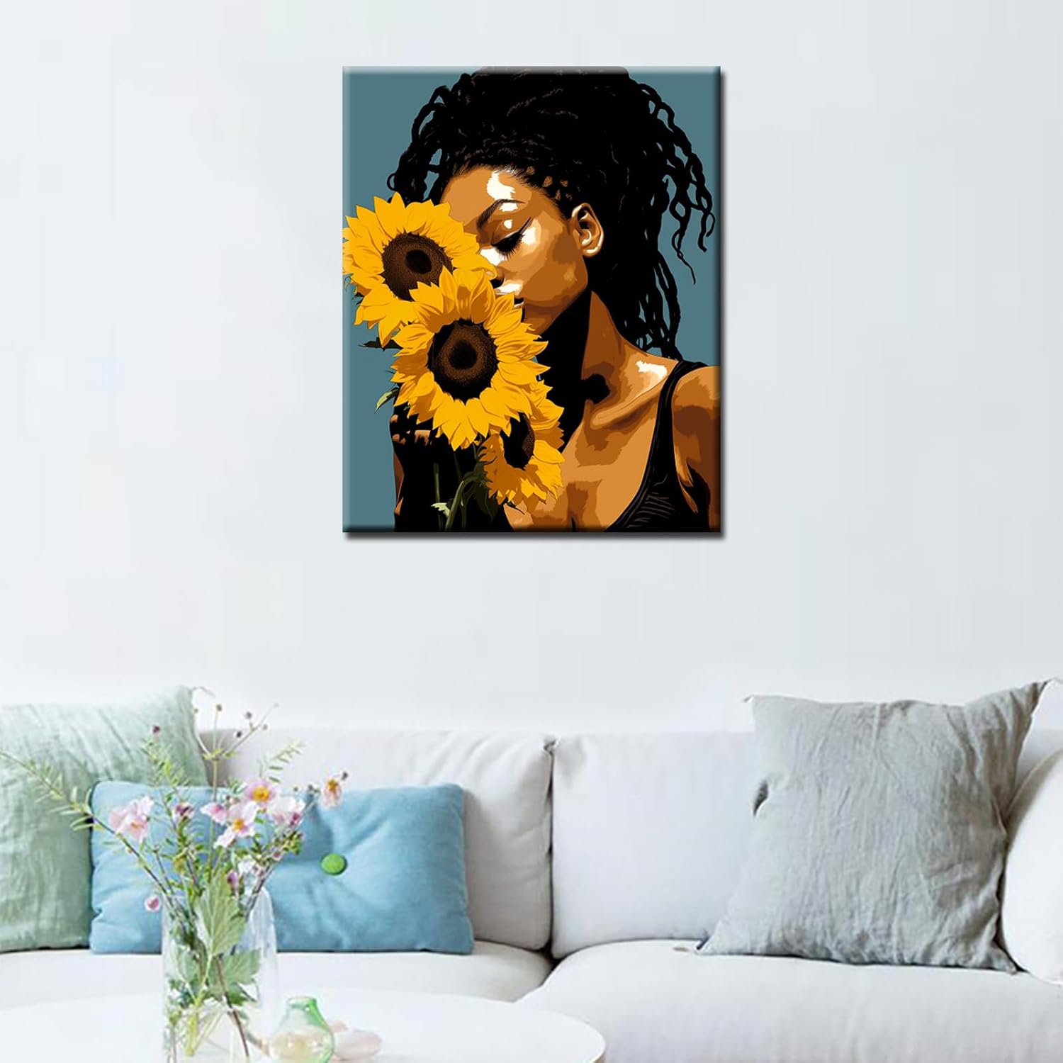 Tucocoo Paint by Number African American Sunflowers DIY Acrylic Painting Kit for Adults Beginner Black Girl Canvas Painting by Numbers Arts Craft 16x20 Inch（DIY Frame ）