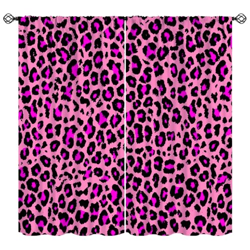 Leopard Blackout Curtains, Pink Leopard Pattern Design Wild Animal Skin Spots Print Window Treatments, Retro Rod Pocket Thermal Insulation Drapes for Bedroom Living Room, 42" W X 54" L