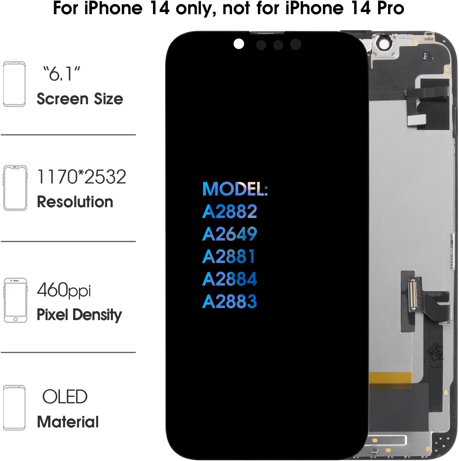 for iPhone 14 OLED Screen Replacement 6.1" Display Assembly with Proximity Sensor Flex Cable Touch Digitizer Repair Kit A2649 A2881 A2884 A2883 A2882 (Hard OLED, Same Notch Size)