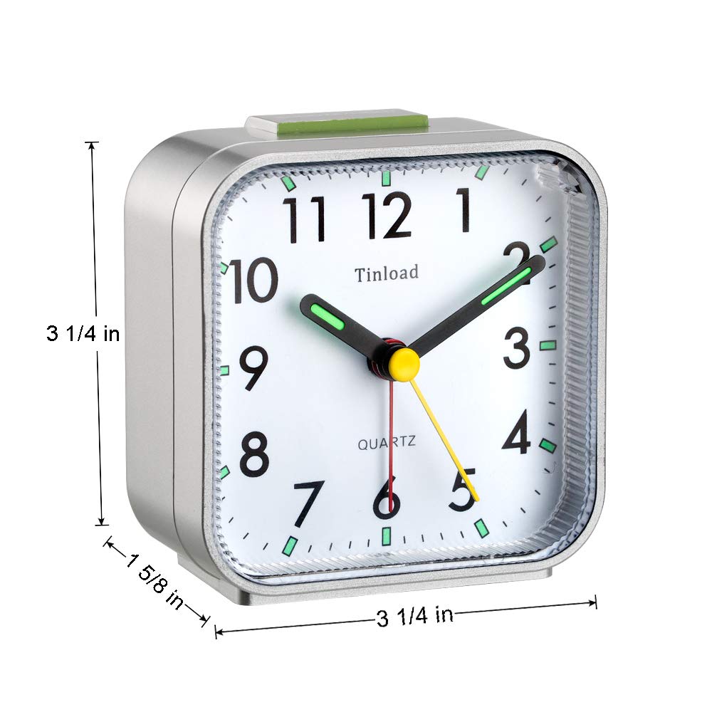 Small Battery Analog Alarm Clock Silent Non Ticking, Ascending Beep Sounds, Snooze,Light Functions (Silver)