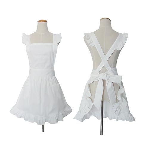 Süße, weiße Retro-Schürze für Frauen, Kochen, Reinigung, Dienstmädchenkostüm mit Taschen