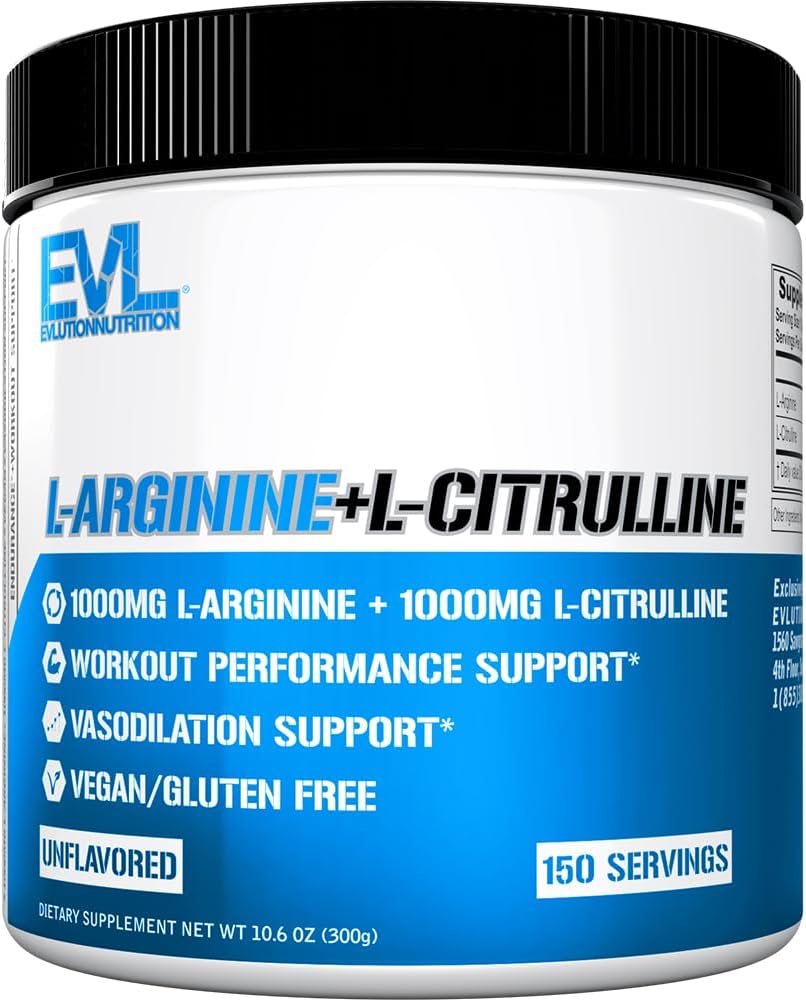 Evlution EVL L-Arginine & L-Citrulline Nitric Oxide Powder - 150 Servings | 1:1 Ratio Formula With 1000Mg Each Of L-Arginine And L-Citrulline To Support Pumps, Energy And Workout Performance