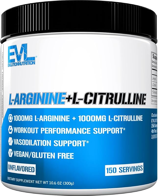 Evlution EVL L-Arginine & L-Citrulline Nitric Oxide Powder - 150 Servings | 1:1 Ratio Formula With 1000Mg Each Of L-Arginine And L-Citrulline To Support Pumps, Energy And Workout Performance