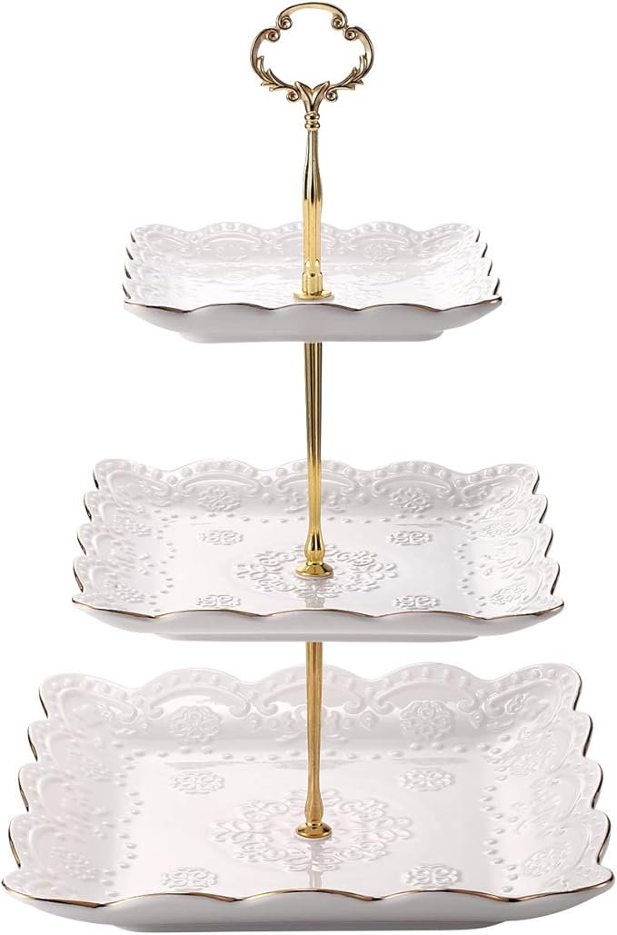 3-Tier Square Porcelain Cake Stand, White Rimmed with Gold Embossed Cupcake Dessert Stand - Tiered Serving Tray for Tea Party and Show