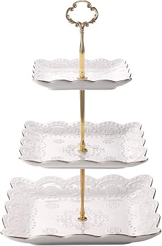 Sumerflos 3-Tier Square Porcelain Cake Stand, White Rimmed with Gold Embossed Cupcake Dessert Stand - Tiered Serving Tray for Tea Party and Show