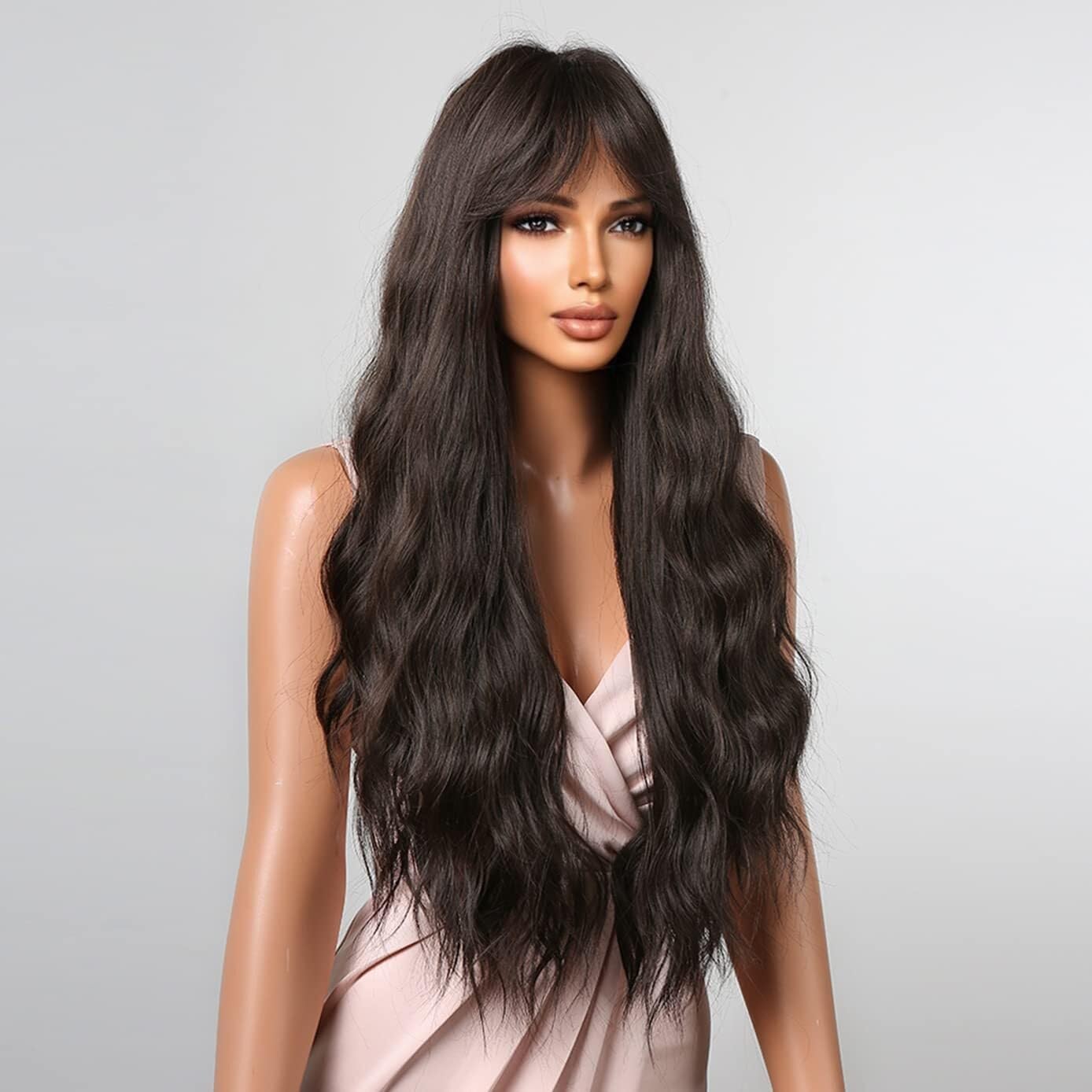Amazon.com: POLOSU Long Wavy Black Brown Wigs with Curtain  display picture 1