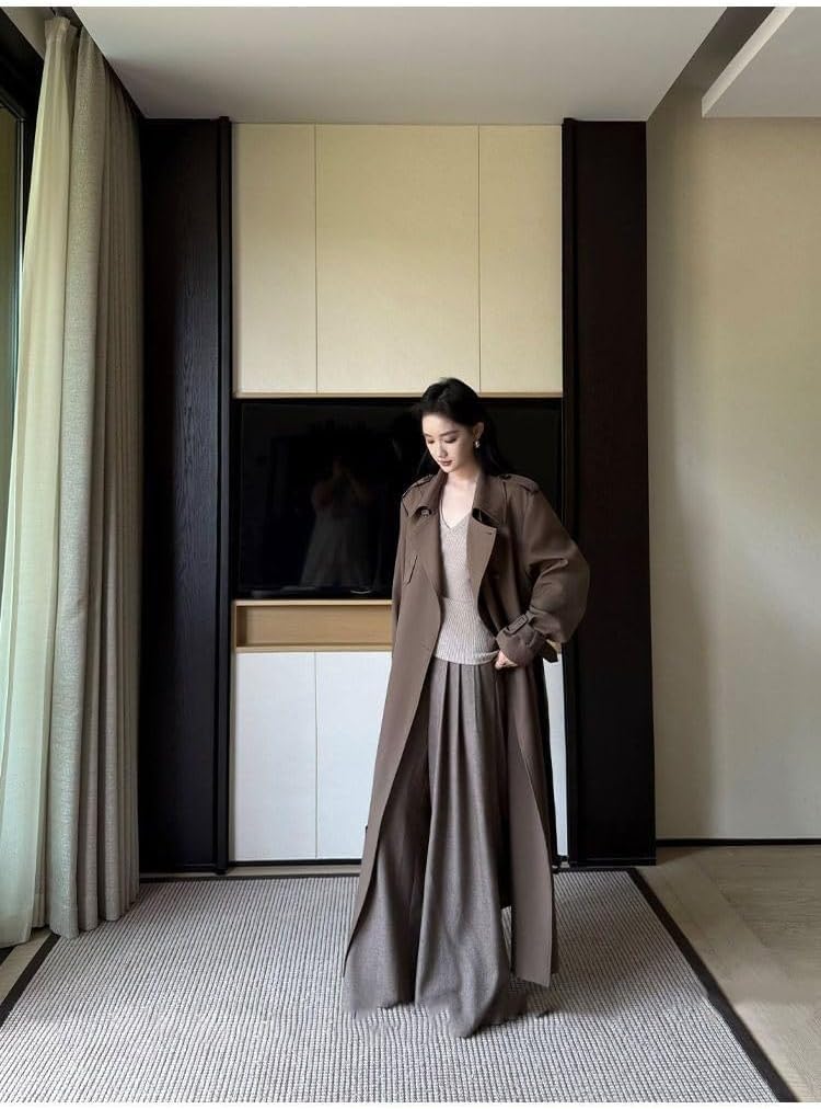 HSQIBAOER Women's Overcoats Spring Fall French British Style Niche Minimalist Trench Coat