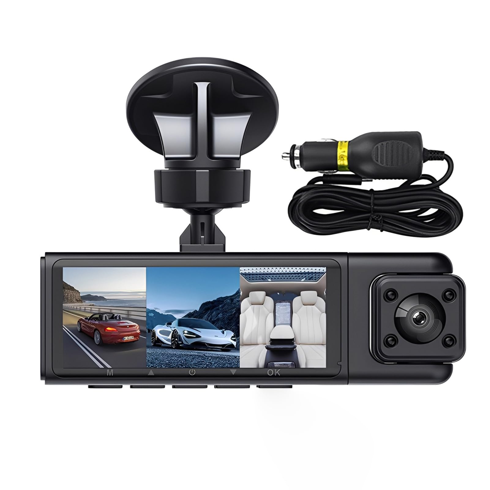 Telecamera da cruscotto tripla 1080P ottimizzata per auto, include | monitoraggio anteriore, posteriore e abitacolo, registrazione HD, schermo diviso, visualizzazione simultanea, telecamera