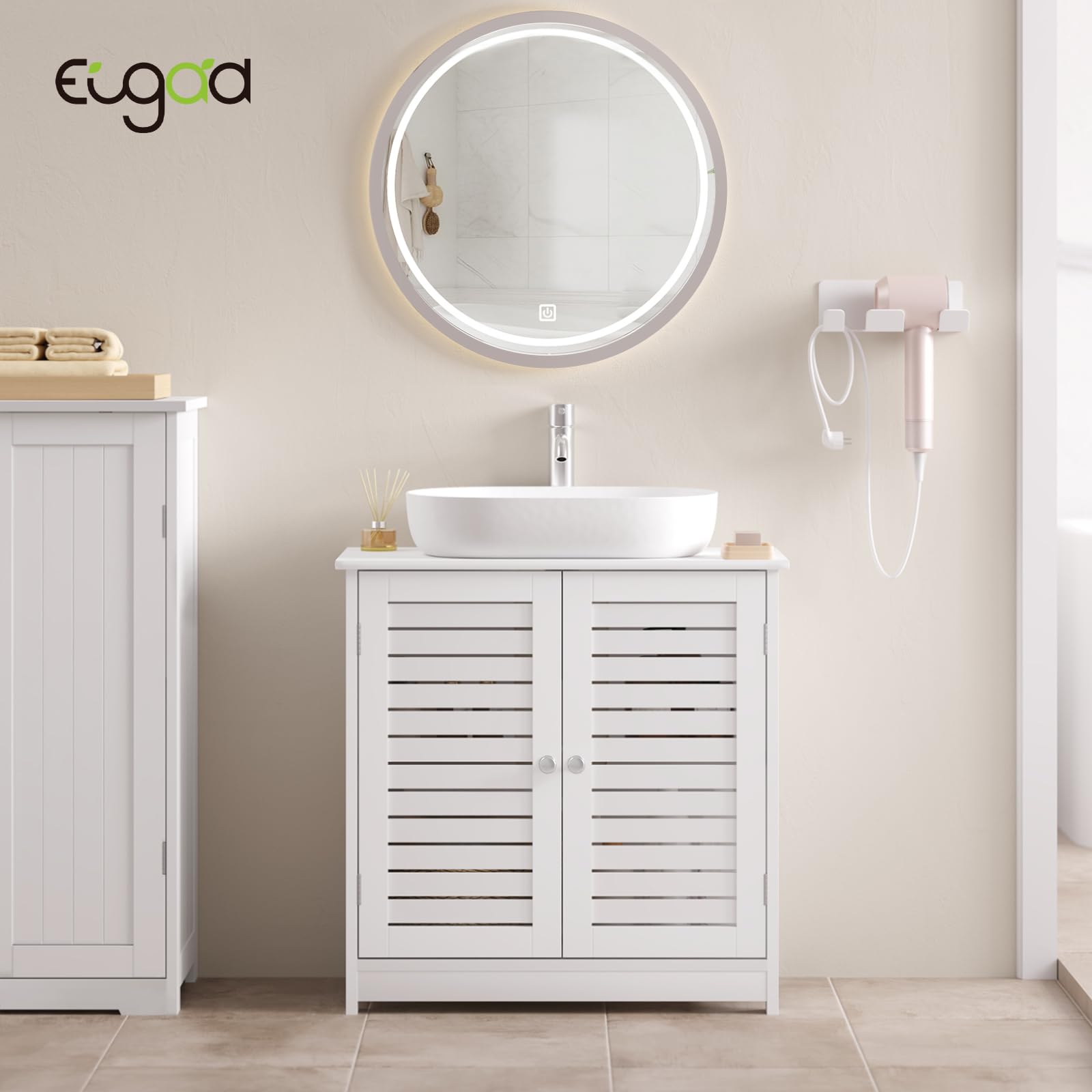 EUGAD Mobiletto Sottolavabo Sottolavello Bianco Armadietto sotto Lavandino per Bagno con Due Ante in Legno