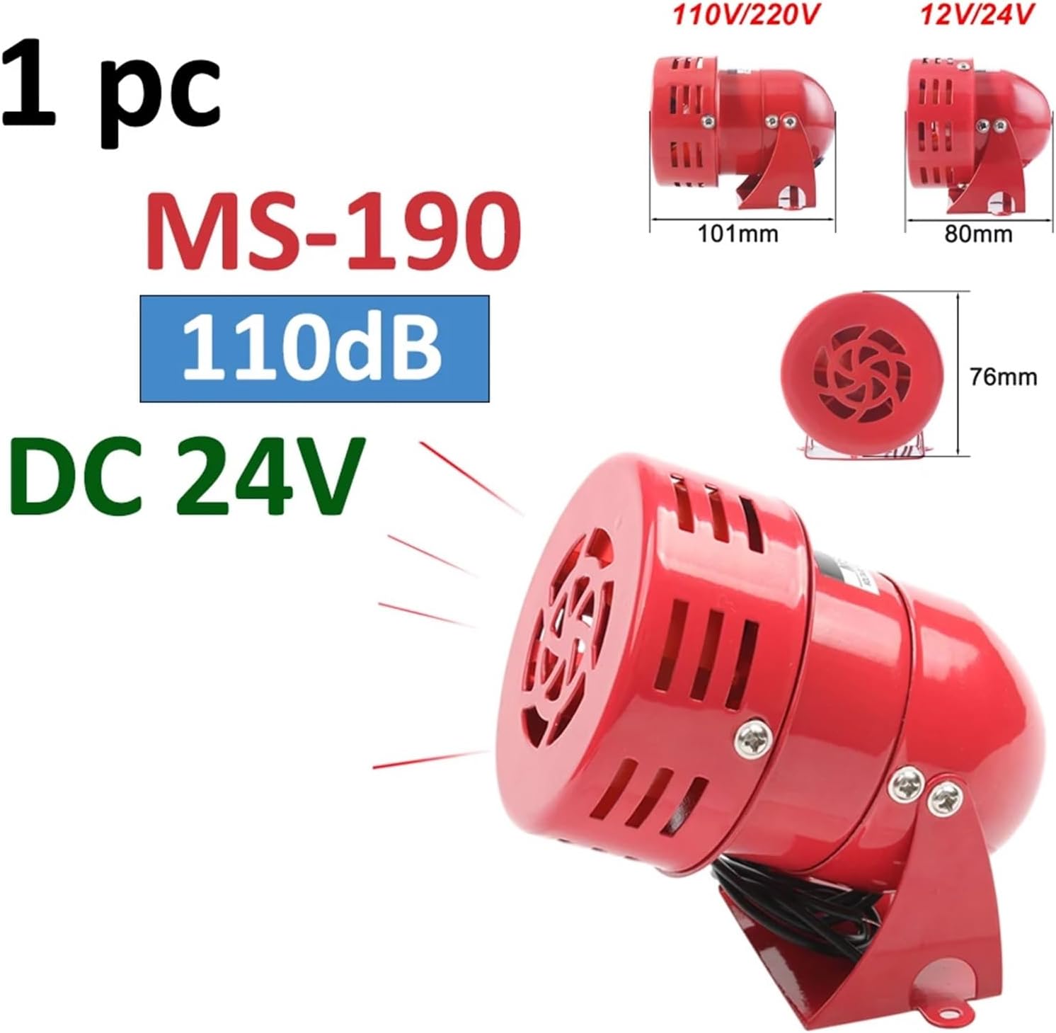 1pc MS-190/290/390 12V 24V 220V 110V Red Mini Metal Motor Siren Industrial Alarm Sound Electrical Guard Against Theft 130dB(MS-190-24V)