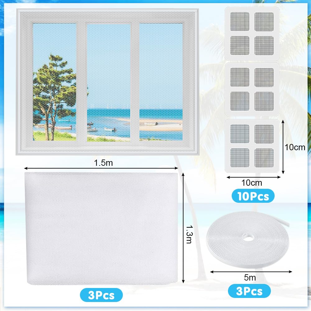 NAROSEBE 3 Pcs Moustiquaire Fenêtre Blanc 130x150cm, Toile Moustiquaire Fenêtre Réglable, Tulle Moustiquaire en Polyester avec Bande Scratch et Réparation Moustiquaire, pour Maison contre Les Insectes