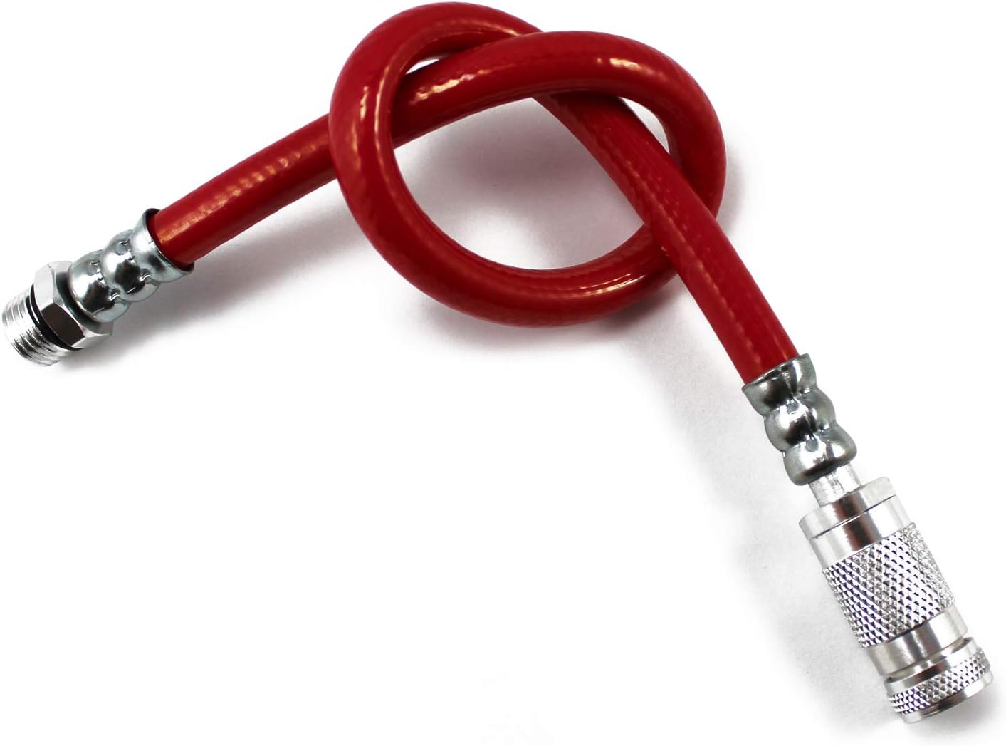 Prestaflator Pro 3-Way Presta Head Hose – Reinforced Flexible Red Polyurethane, Quick-Click2™ Spin-On Head, 300 PSI, 13" Length, Alloy Clamps, Fits All Prestaflator Tools with O-Ring Included