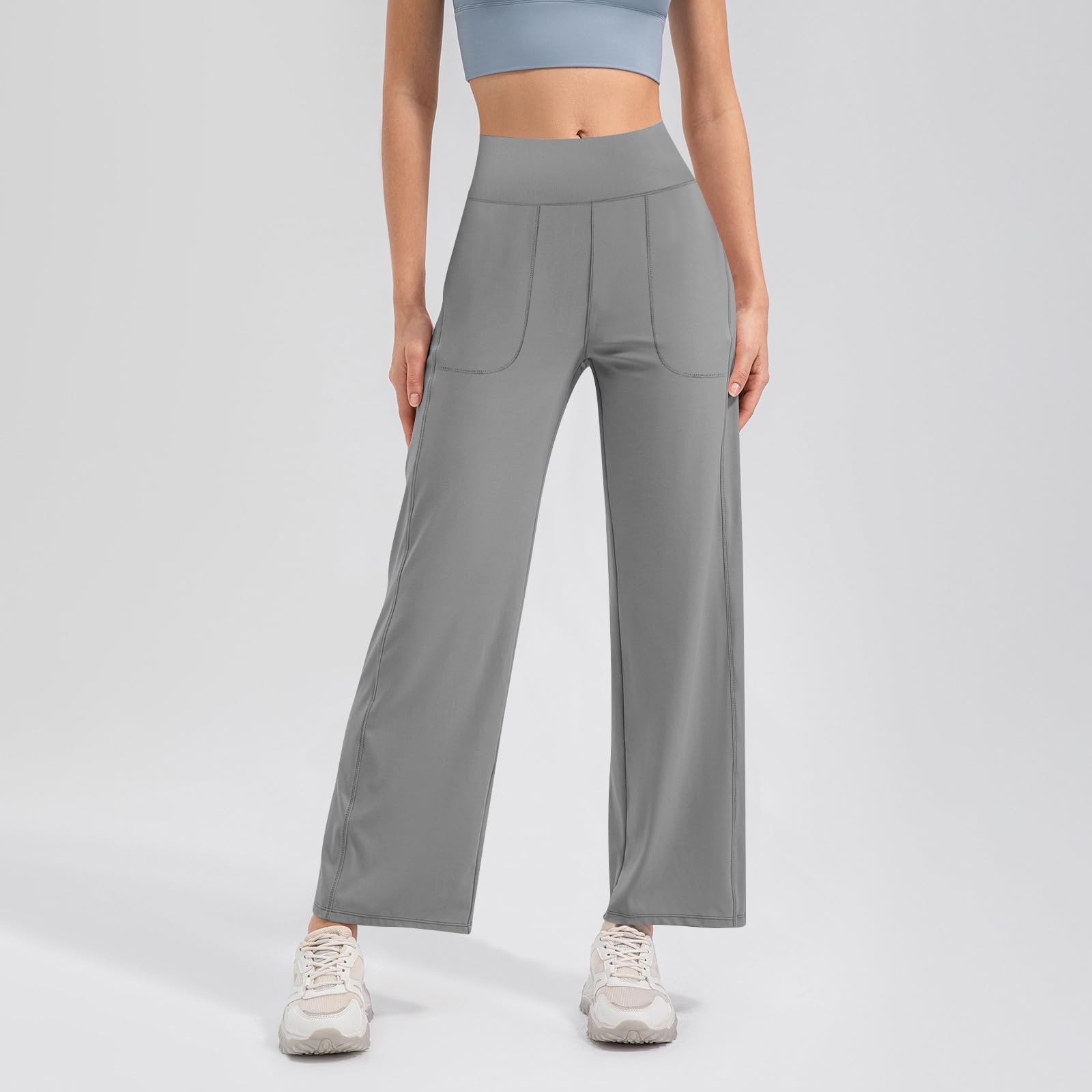 Damen Yogahose Mit Taschen Jogginghose Frauen High Waist Freizeithose Wide Leg Fitnesshose Lang Gym Arbeit Sporthose Elastische Leggings Straight Bauchkontrolle Trainingshose Elegant Laufhose