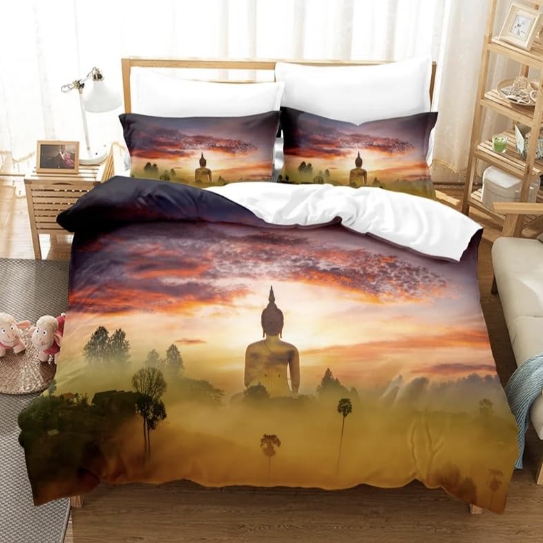 Housse de couette 90x190 cm microfibre hypoallergénique Bouddha taie 65x65 pour lit enfant