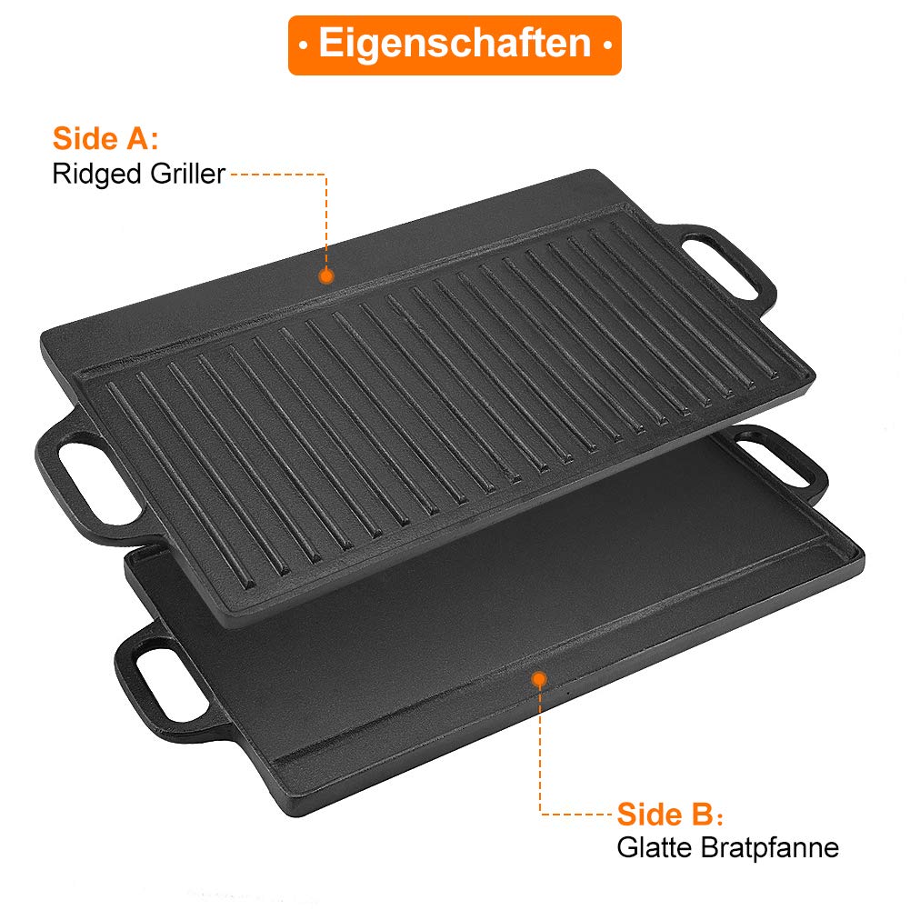 Bistecchiera in Ghisa Piastra Ghisa Barbecue Padella in ghisa antiaderente Barbecue a doppia faccia Piastra in ferro Padelle Griglia rettangolare con due manici Teglia da forno Bakeware