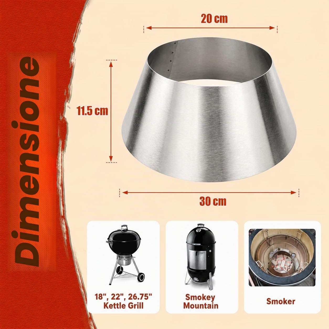 Denmay BBQ Whirlpool per Weber Kettle Grills, Weber Smokey Mountain, XL (x-large) Big Green Egg, Kamado e altri 57 cm e più grandi griglie a carbone, BBQ Kettle Grill, Accessori per griglia a carbone