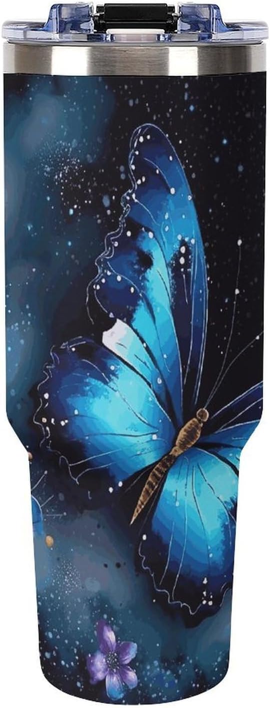 40 Oz Tumbler with Straw And Lid Galaxy Blue Butterfly Insulated Travel Coffee Mug Stainless Steel Water Bottle Vacuum Insulated Tumblers for Sport Work Car Travel Weekends