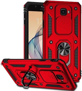 Case for Galaxy J7 Prime,Military Grade Car Holder Protection [Built-in Kickstand] Metal Ring Holder Dual-Layer Heavy Duty TPU+PC Shockproof Phone Case for Samsung Galaxy J7 Prime G610F Red