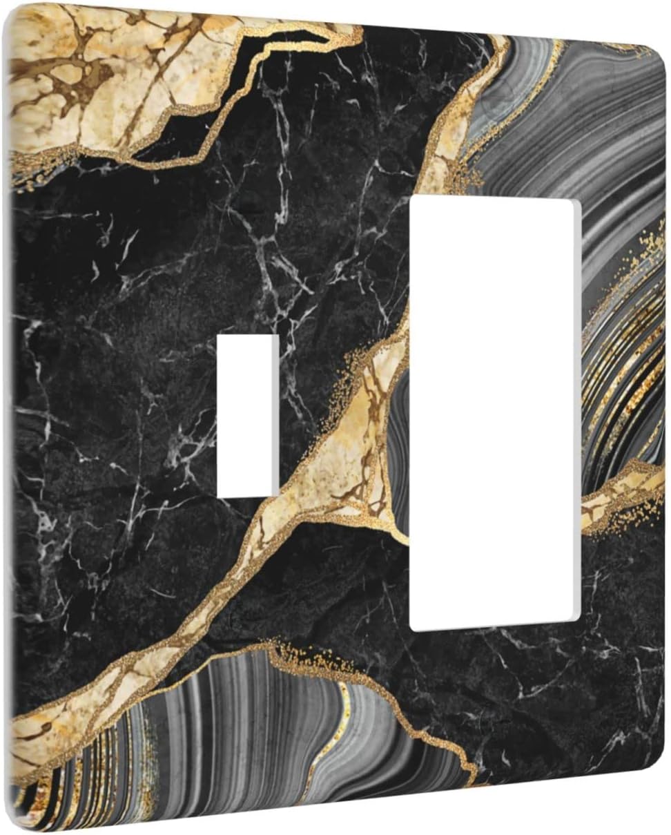 Black Gold Marble 1 Toggle 1 Rocker Light Switch Plate Cover Decor Wall Plate Cover For Home Bedroom Kitchen Decorative 4.5 * 4.5 Inches Standard Size