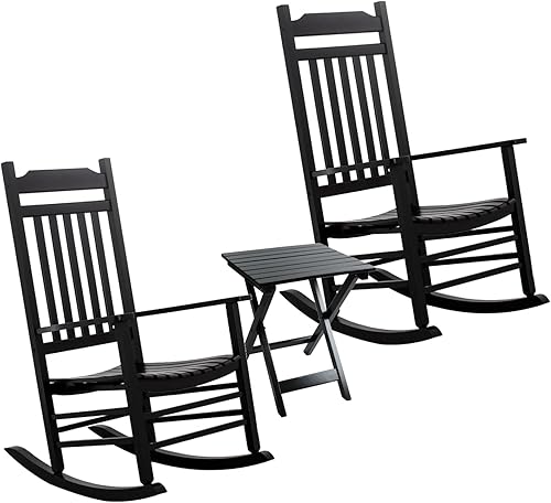 Juego de muebles de madera para adultos de 3 piezas, color negro, con 2 mecedoras y 1 mesa auxiliar al aire libre para patio, salón, balcón