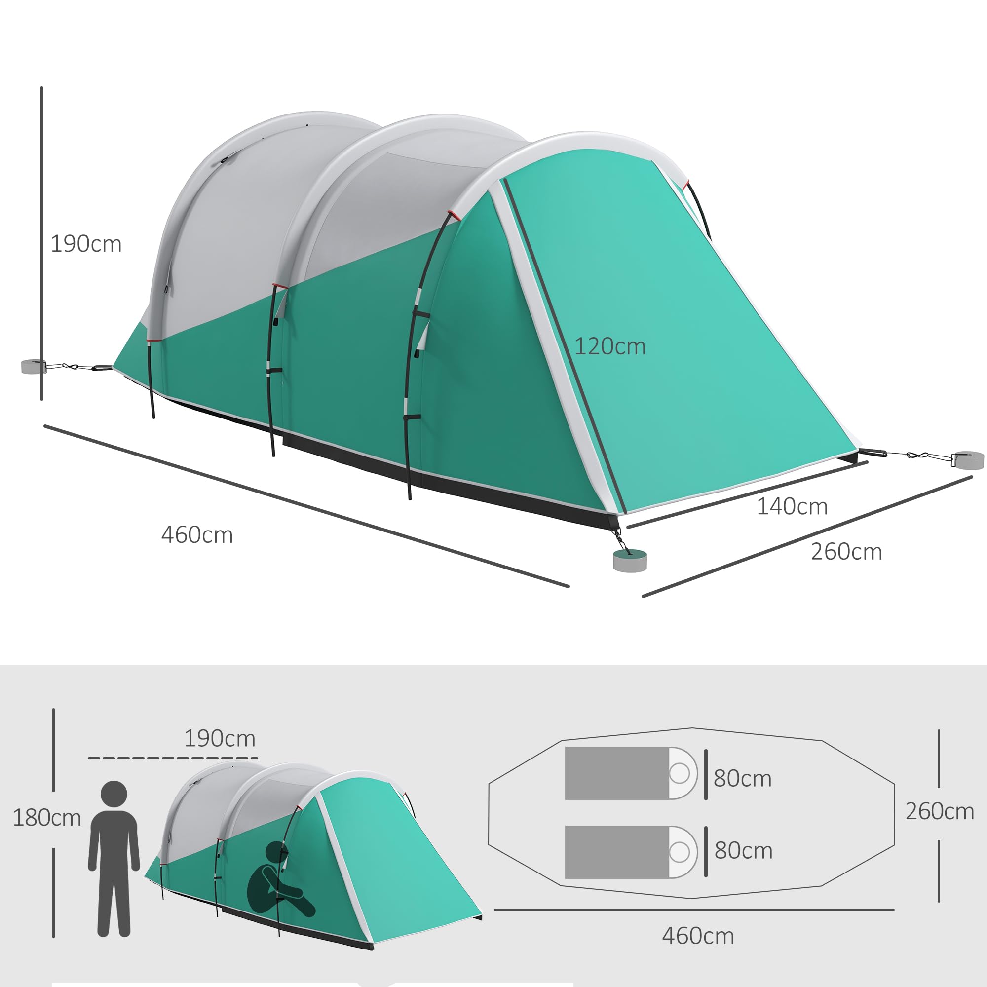 Outsunny Tenda da Campeggio 2-4 Persone Impermeabile con Stanza Separata, Tenda a Tunnel Familiare con Borsa di Trasporto, 460x260x190 cm, Verde