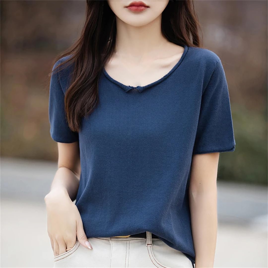 T-shirt d'été à manches courtes pour femme - Couleur unie - Tricot - Col rond - Haut ample