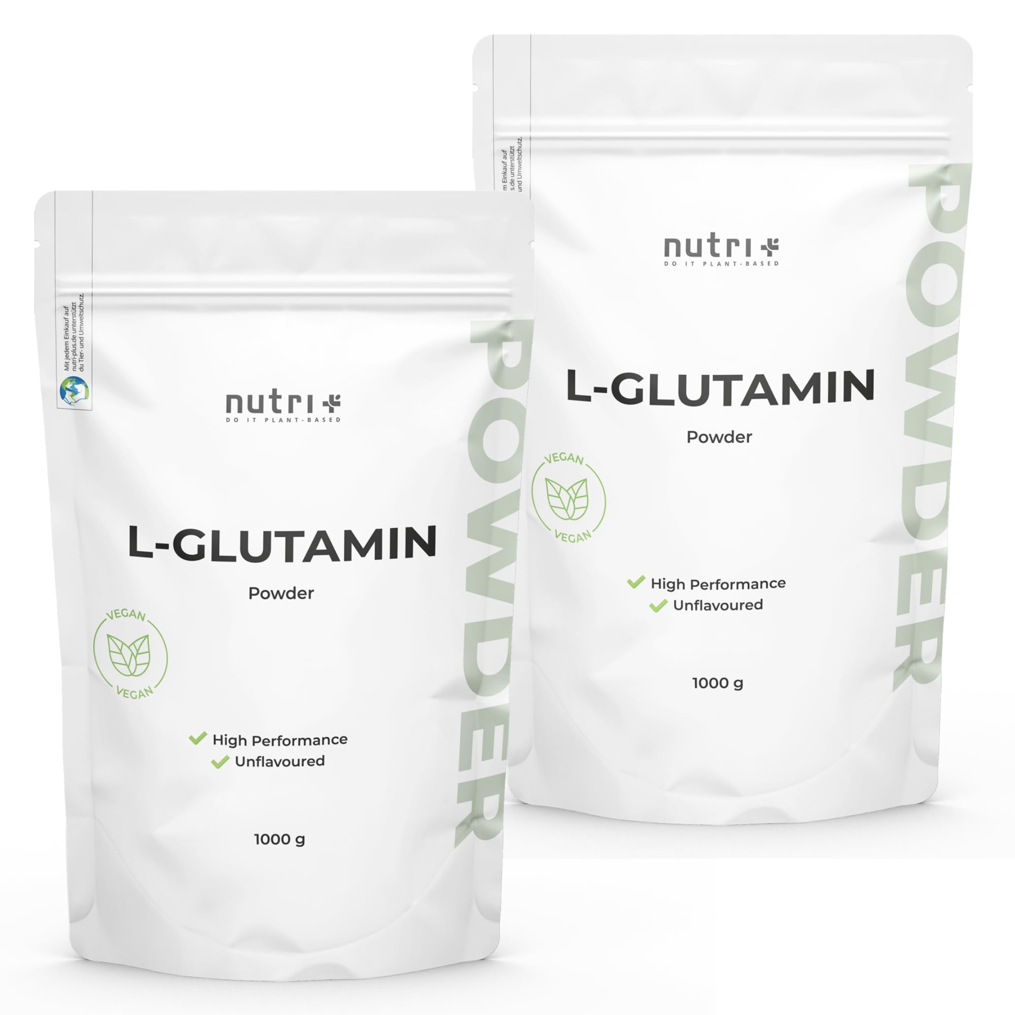 Nutri + L Glutamin Pulver Vegan 1 kg - Neutral & hochdosiert ohne Zusatzstoffe - 100% natur rein - Fermentiertes L-Glutamin Powder Made in Germany